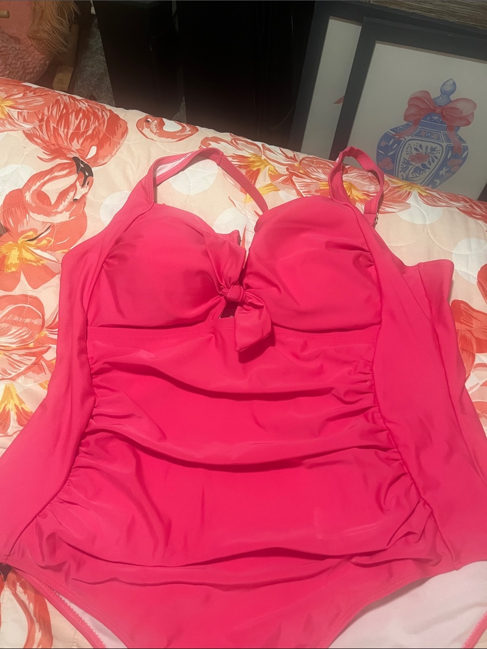 SHEIN Hot Pink One-Piece Swim Suit with Front Tie